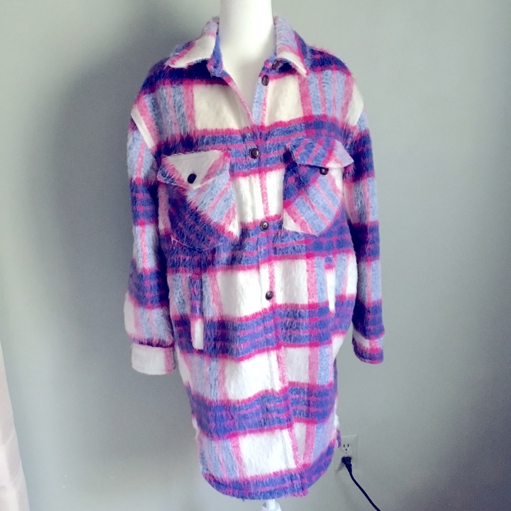Blank NYC Pink and Purple Fuzzy Plaid Lined Jacket Size Medium